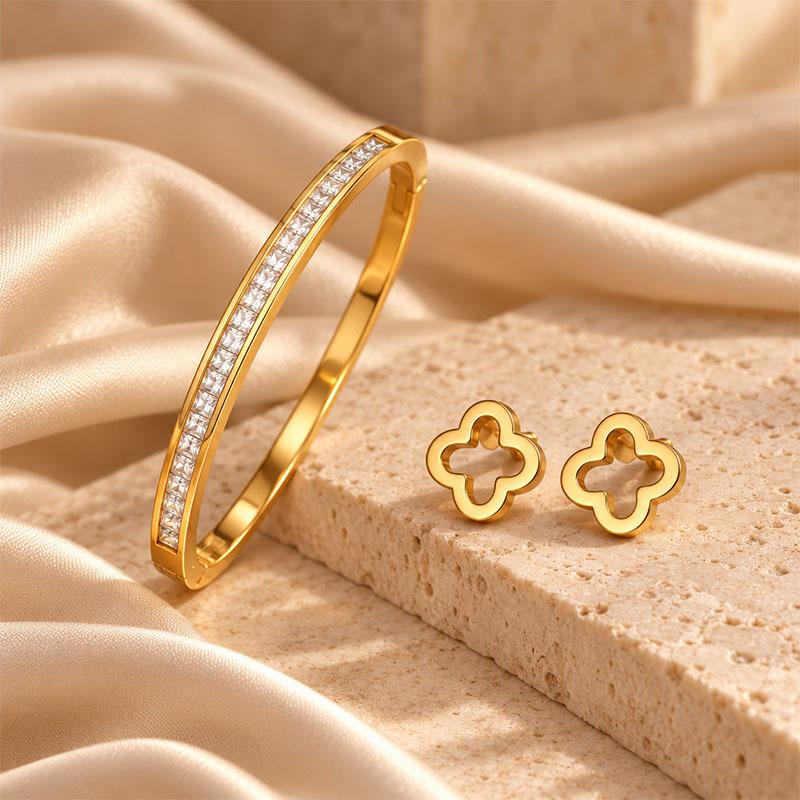 3pc Unisex 18K Golden Plated Bracelet and Earrings Set